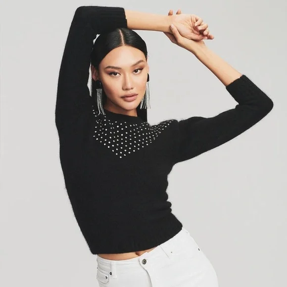 Retrofete Astra Mock Neck Sweater Mohair Wool Crystal Embellished Black | Size L - Picture 3 of 8